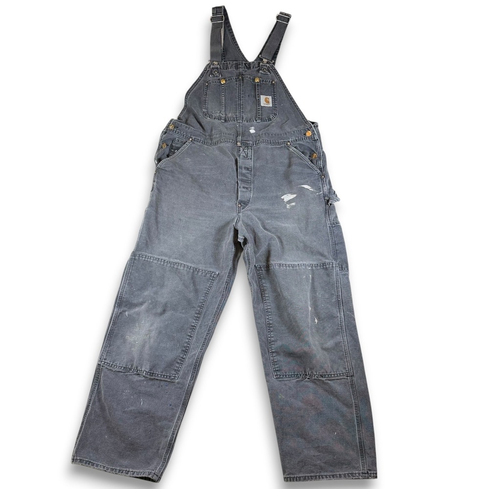 VTG Carhartt 5FB Double Knee Bib Overalls 40x30 Black 80s 90s UGWA Distressed‎